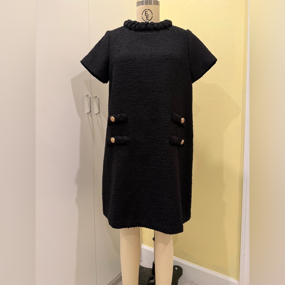 Tuckernuck Black Short-Sleeve Braided-Collar Shift Dress